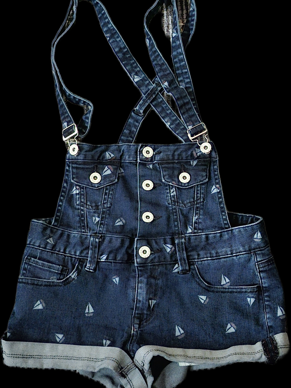 Girls' Navy Denim Sailboat Short Overalls with Adjustable Straps